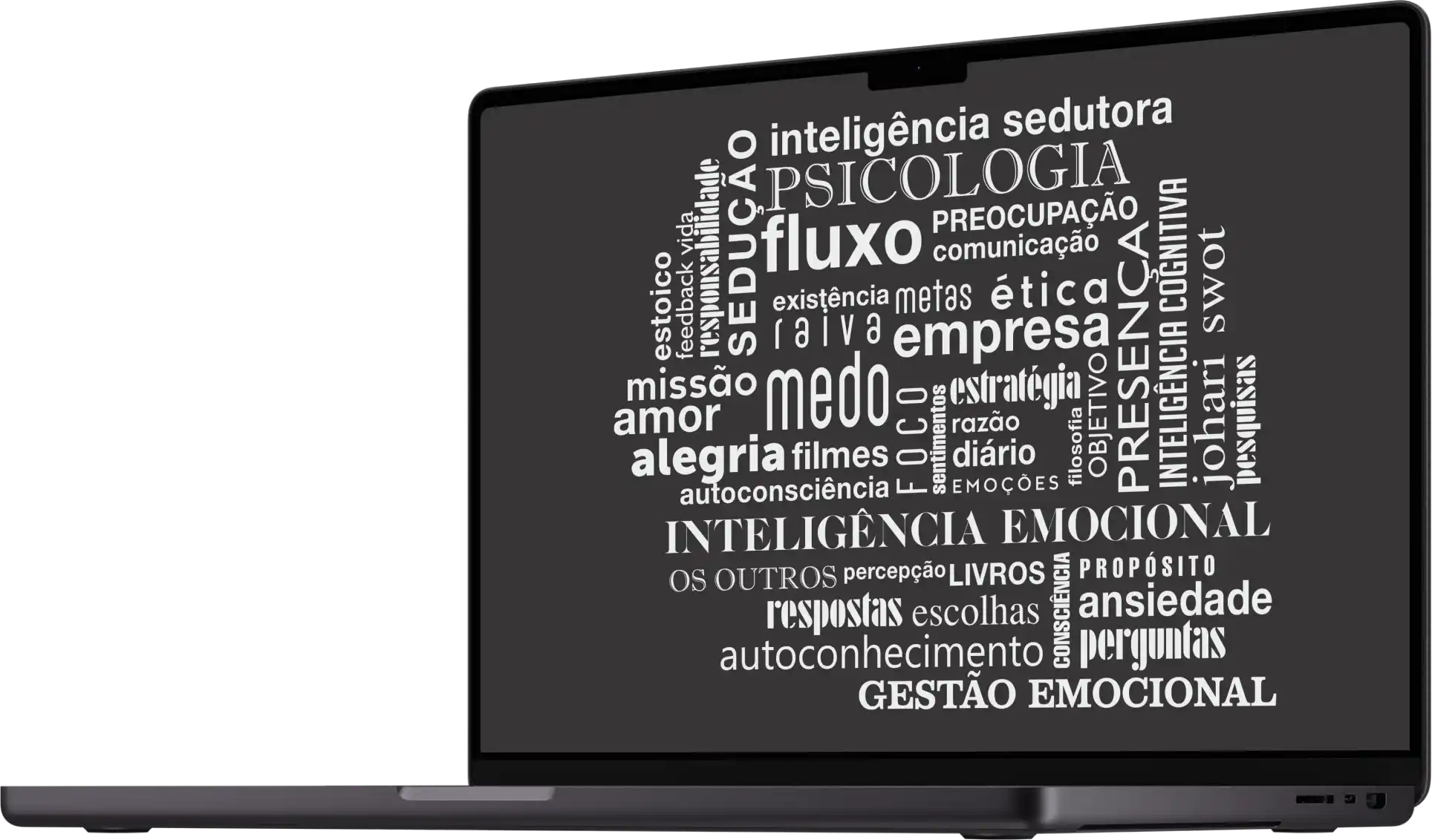 Nuvem de palavras de Seja um assunto que você domina ilustrada em um Macbook